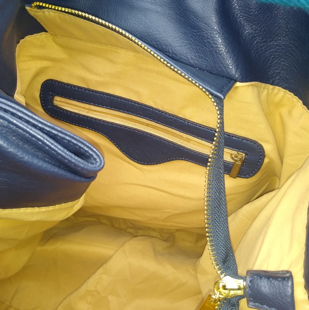 Leather Messenger Tote Bag Expandable Convertible Bag Navy Blue - Picture 12 of 16